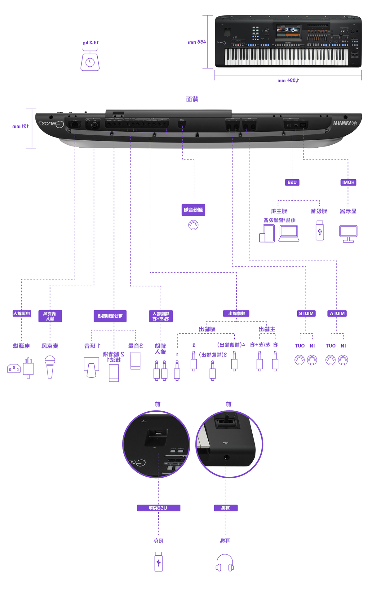 Diagram showing Genos2 dimensions, weight, and rear connection terminals. Please refer to the specifications table for details.