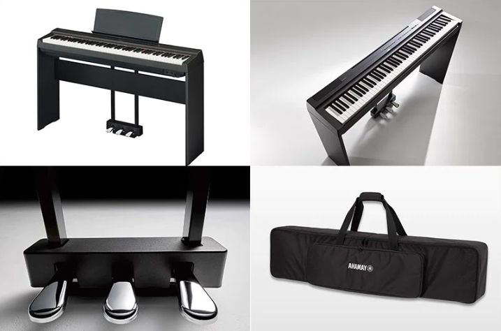 A collage of photos, including overhead and front-left views of the P-125a in combination with the optional stand and pedal unit, and photos of the optional keyboard bag and the optional metal three-pedal pedal unit